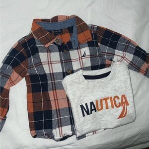 Nautica Kids Orange and Black Plaid Shirt with Logo Tee